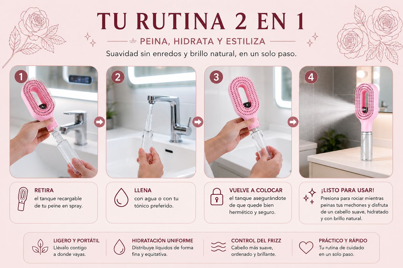 Cepillo Antifrizz con Spray Integrado Mas accesorios