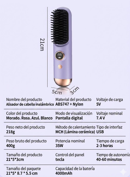 Cepillo Alisador Inalámbrico, Premium 9 niveles