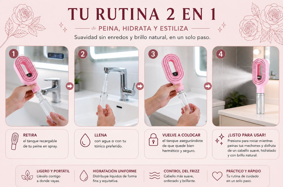 cepillo antifrizz con spray roseador mas accesorios
